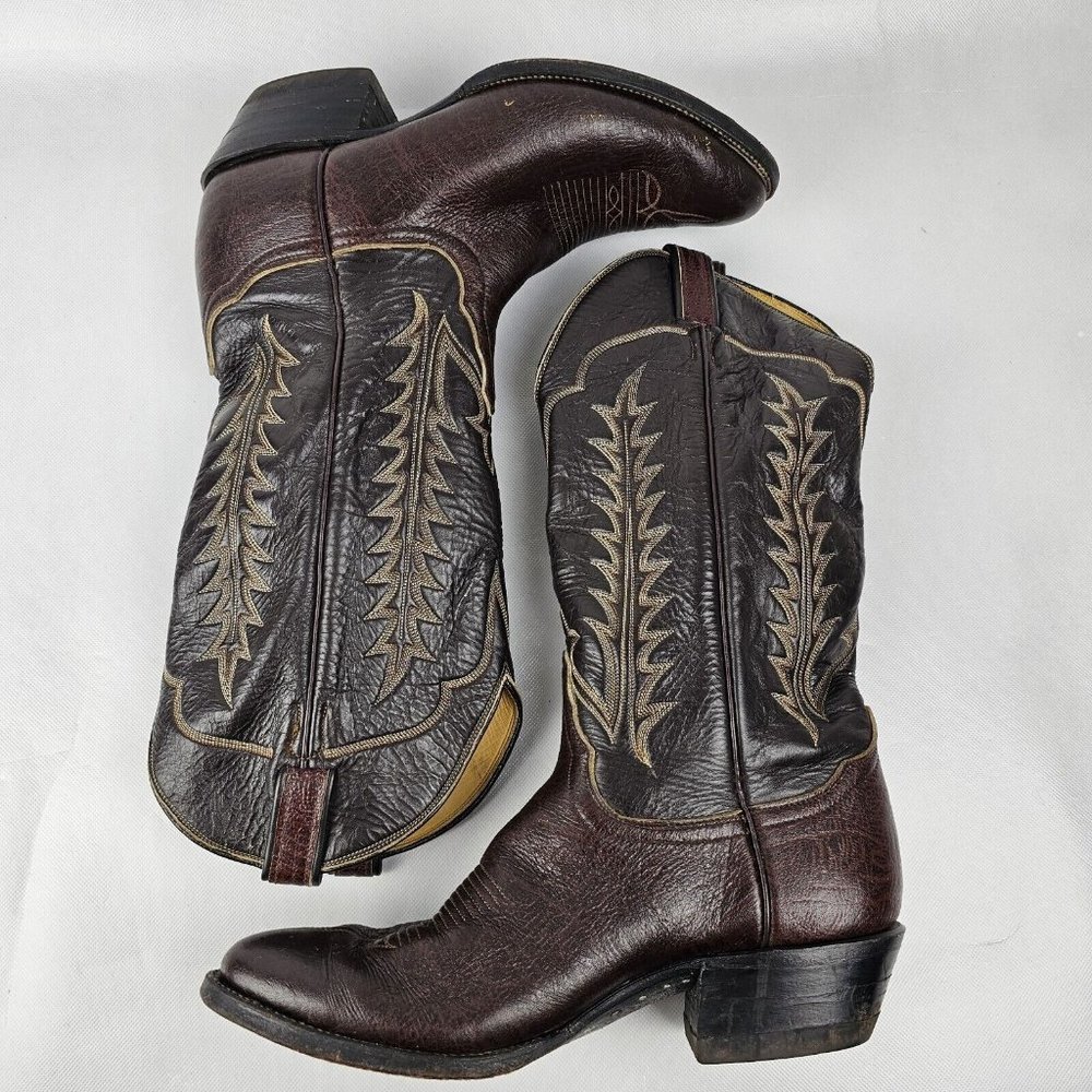 VTG Tony Lama Men 10.5 Chocolate Leather Cowboy Western Pointed Toe Boot TwoTone - Picture 6 of 6
